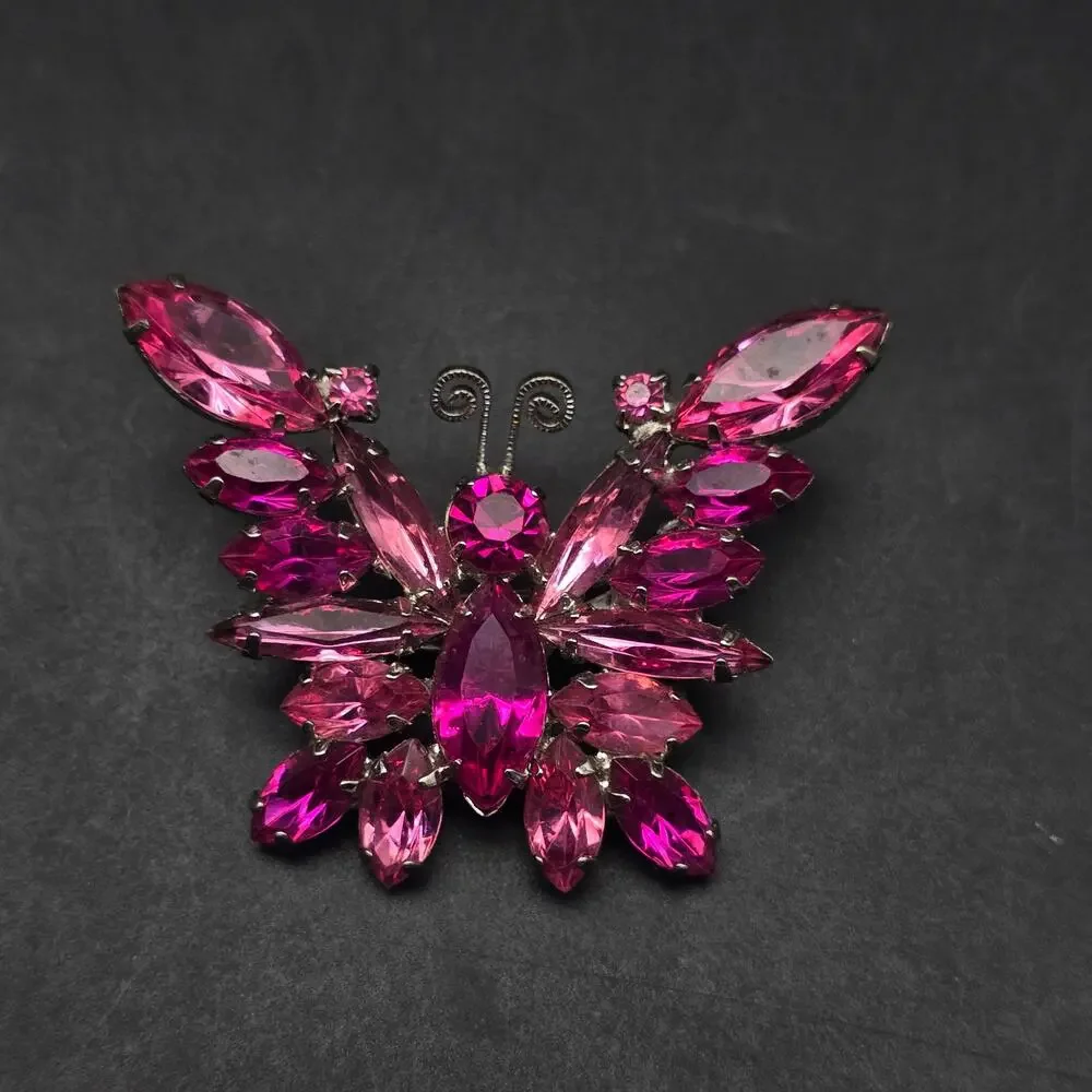 Juliana Pink Rhinestone Butterfly Brooch Vintage Verified Glam Costume Jewelry